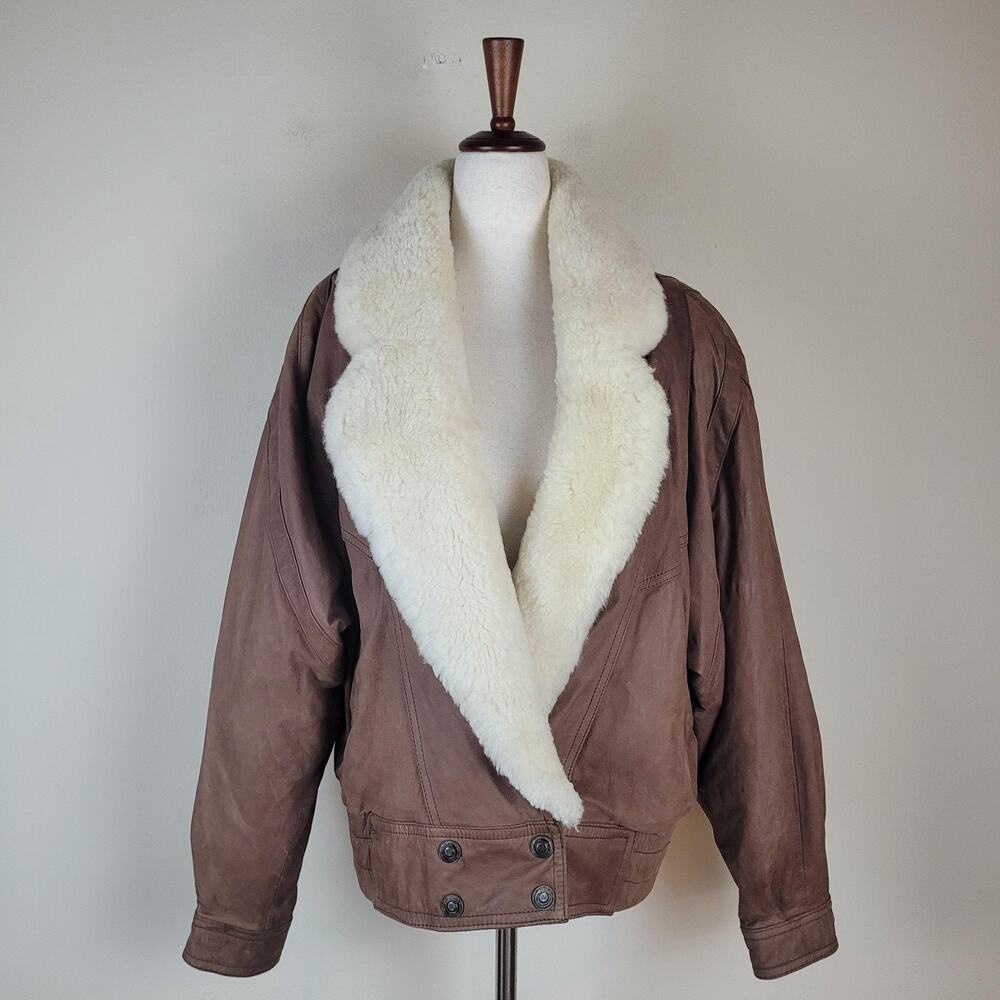 VTG Adventure Bound Jacket Medium Brown Leather Bomber‎ Aviator Faux Fur Trim